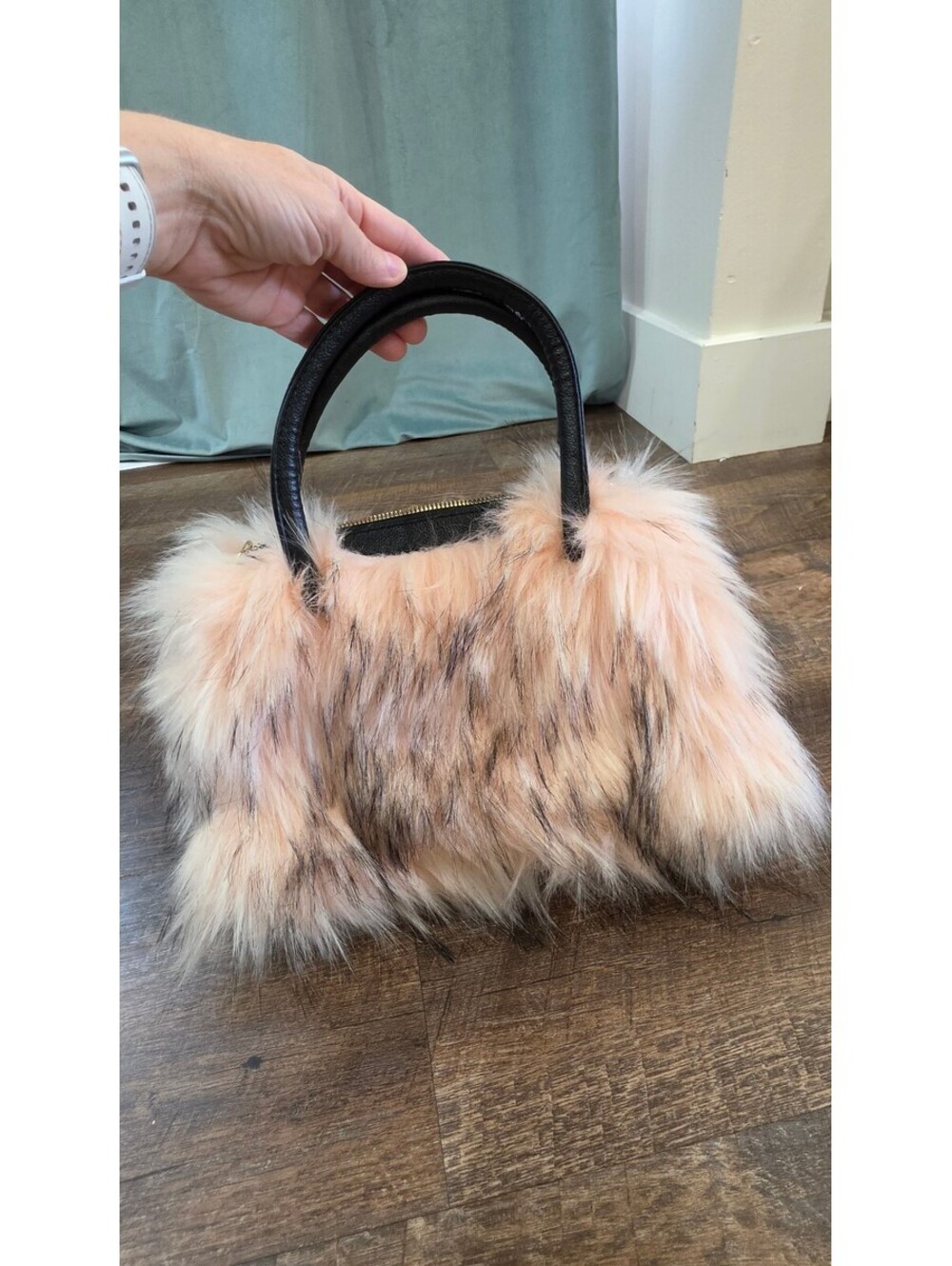 Plush Faux Fur Handbag with Black Handles